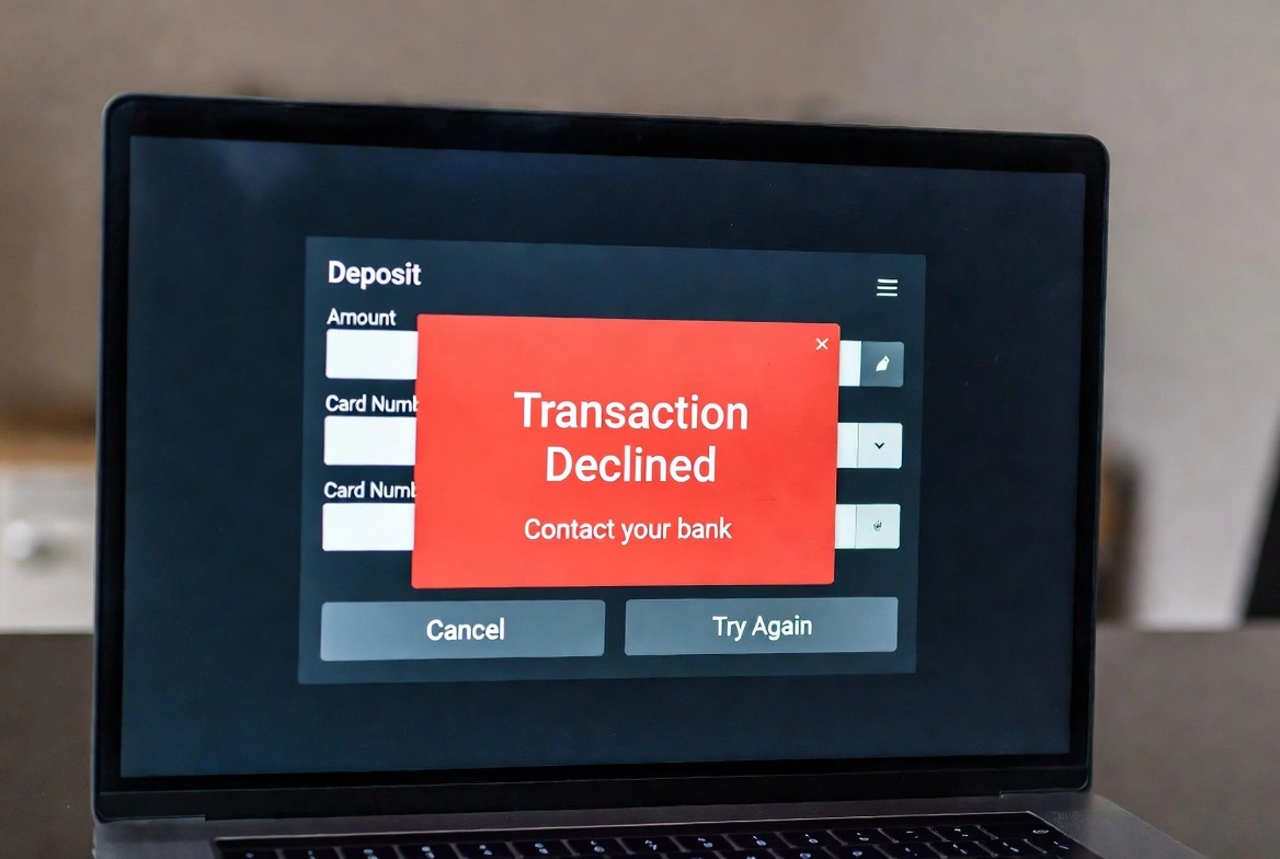 Laptop med feilmelding «Transaction Declined»