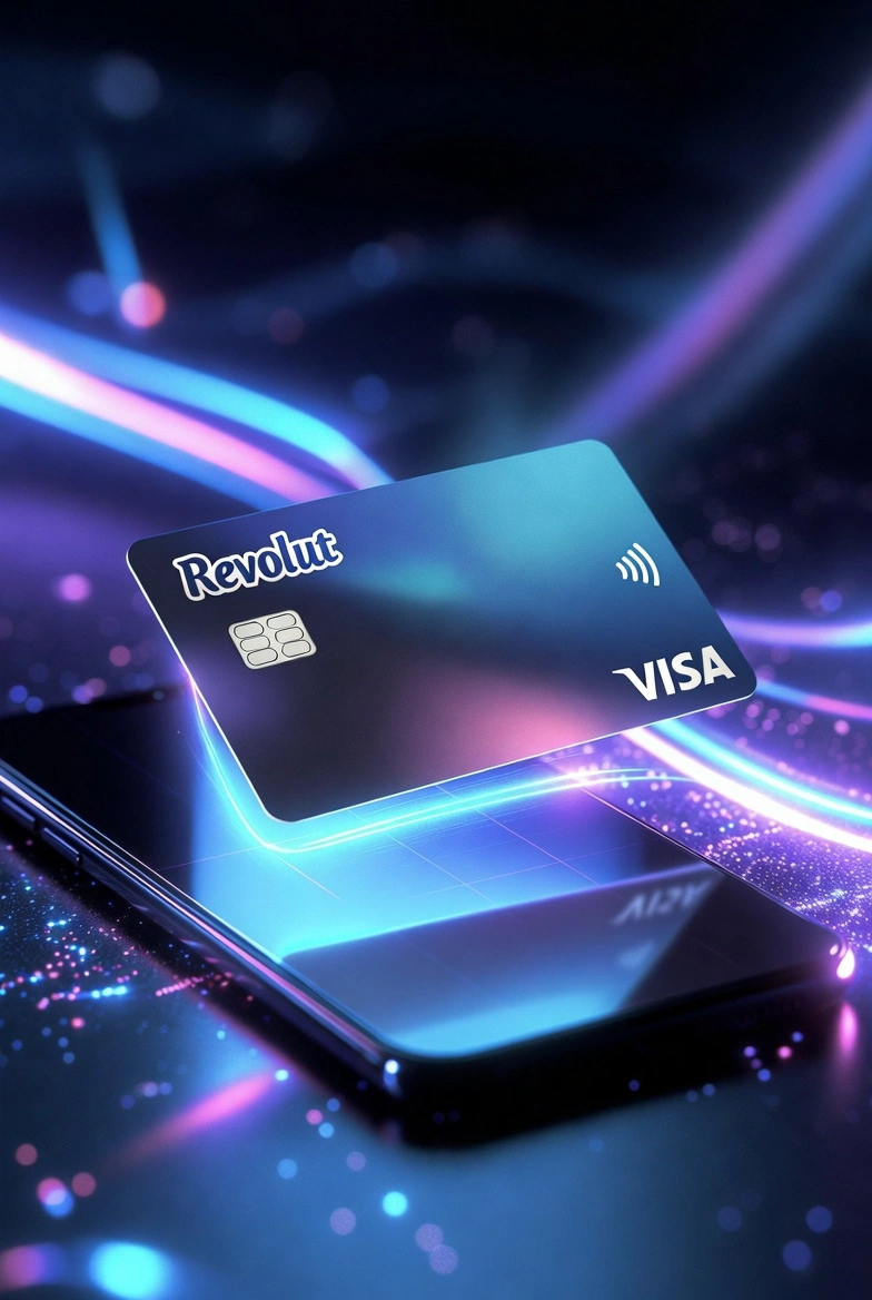 Virtuelt Revolut Visa-kort svevende over mobil
