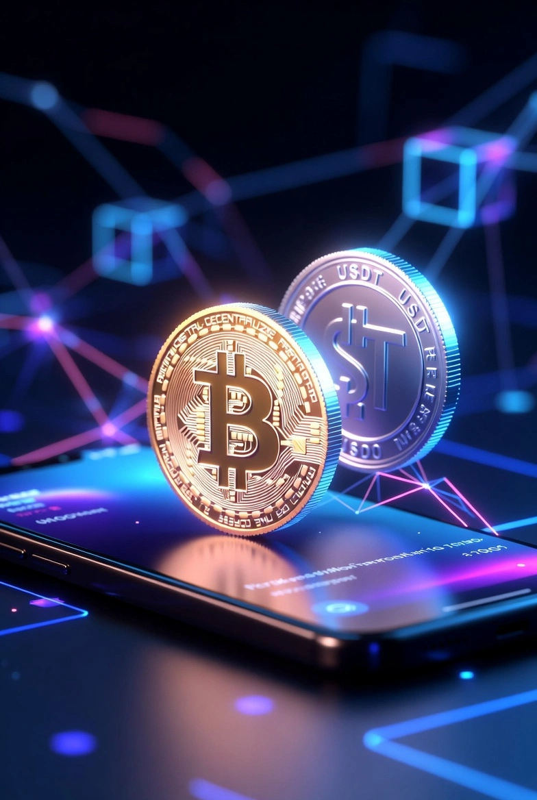 Bitcoin og USDT-mynter svevende over mobil