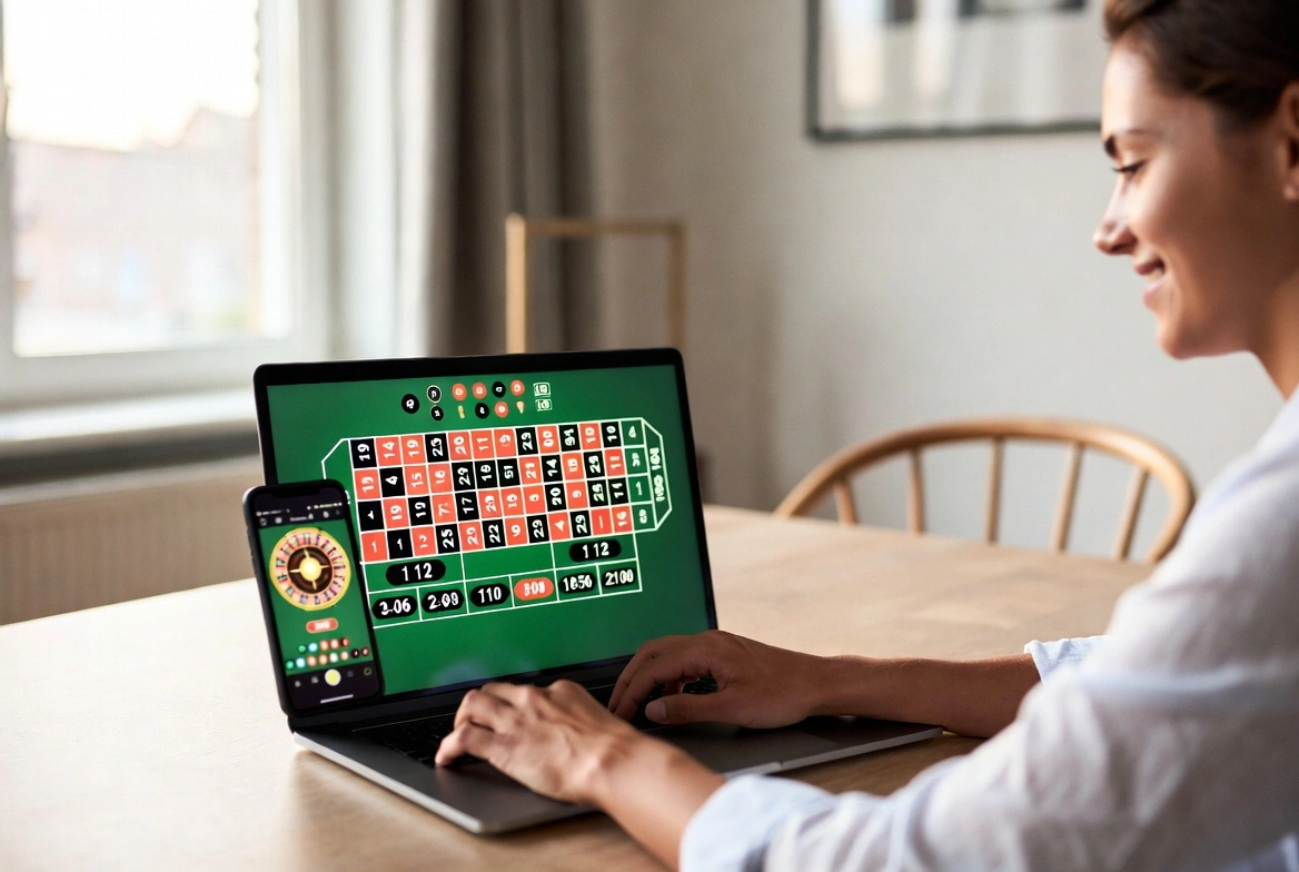 Spiller som nyter online roulette på laptop og mobil