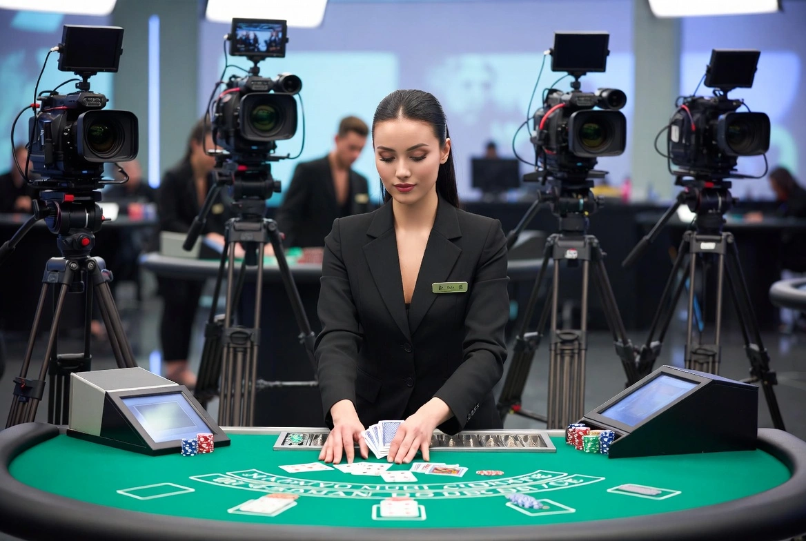 Live dealer som deler kort i casino-studio