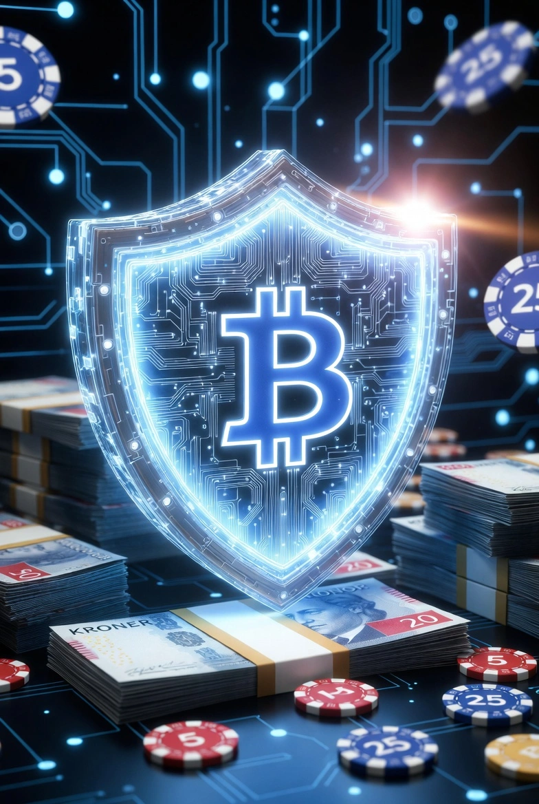 Sikkerhetsskjold med Bitcoin og norske kroner