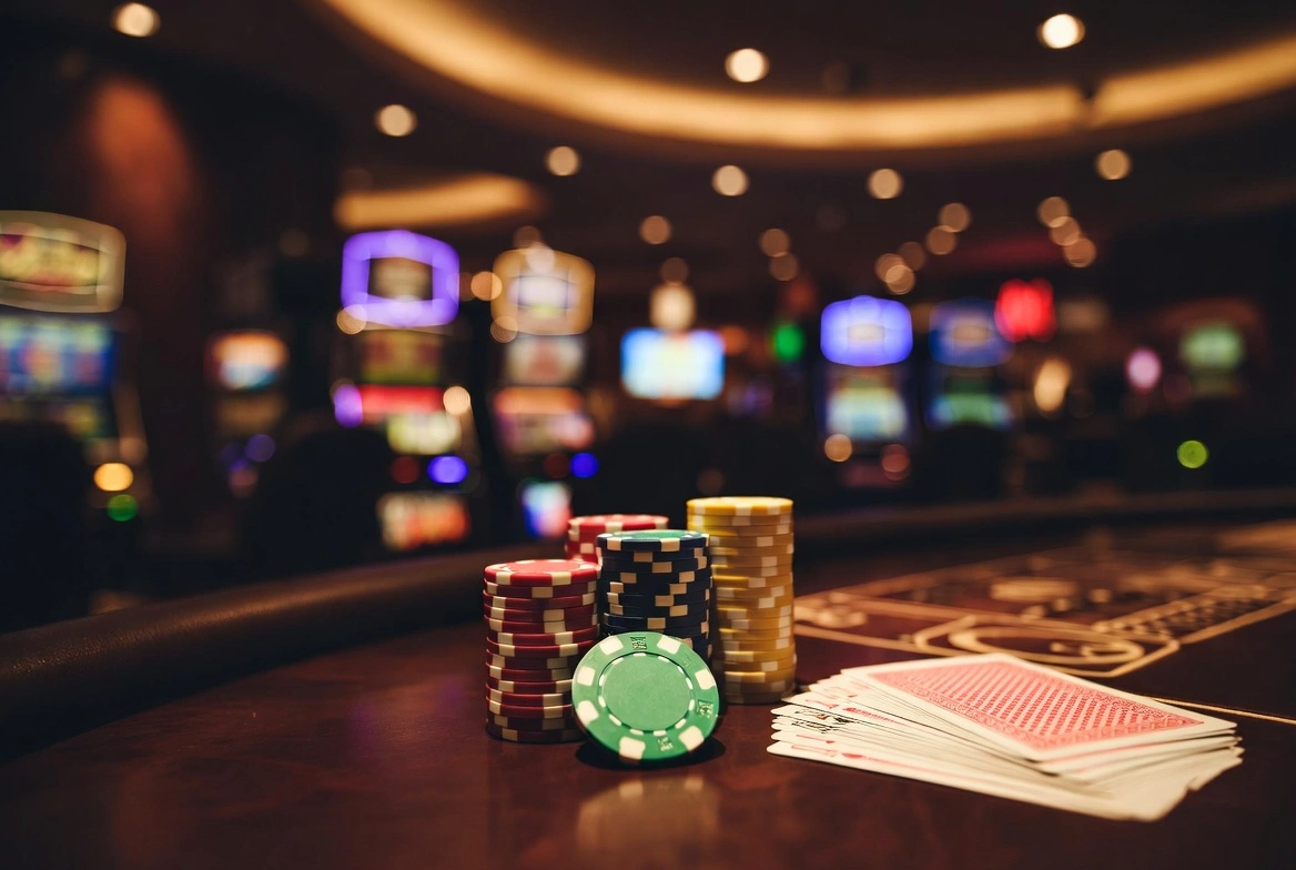 Casino-sjetonger og spillkort på bord