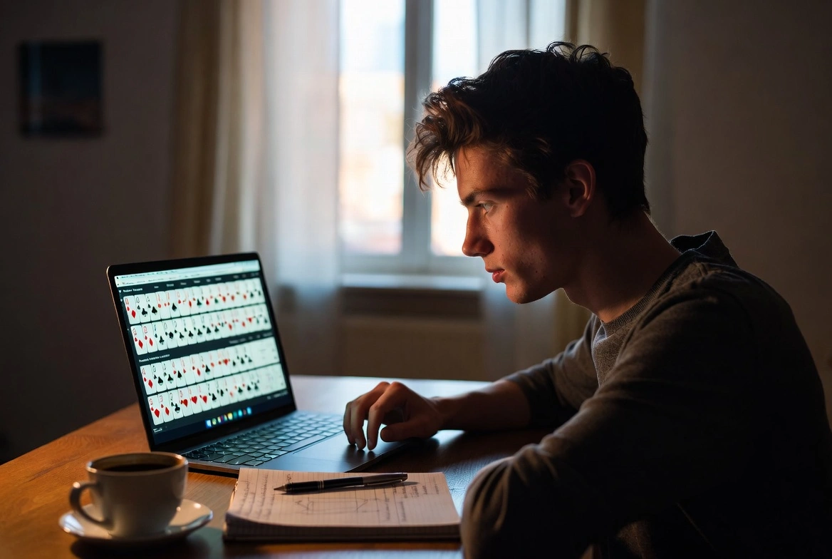 Spiller som studerer pokerstrategi ved laptop