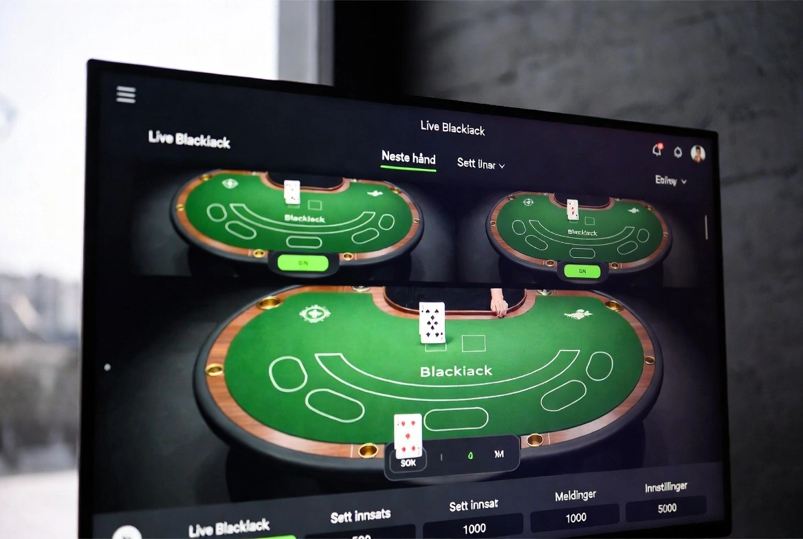 Online casino-grensesnitt med live blackjack-bord