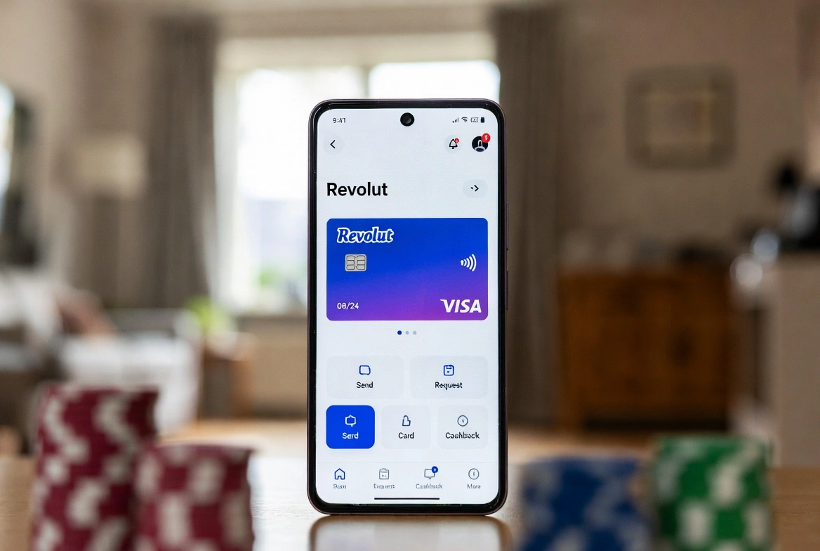Revolut-app på mobil med virtuelt Visa-kort og casinofisker