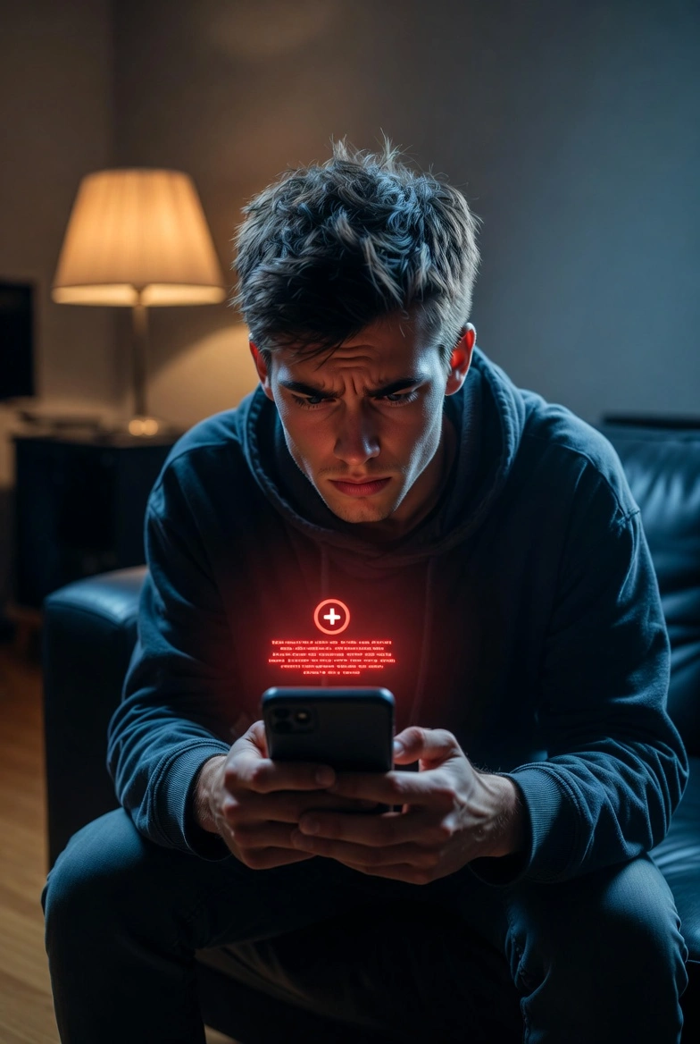 Frustrert mann ser på avvist betaling på mobil