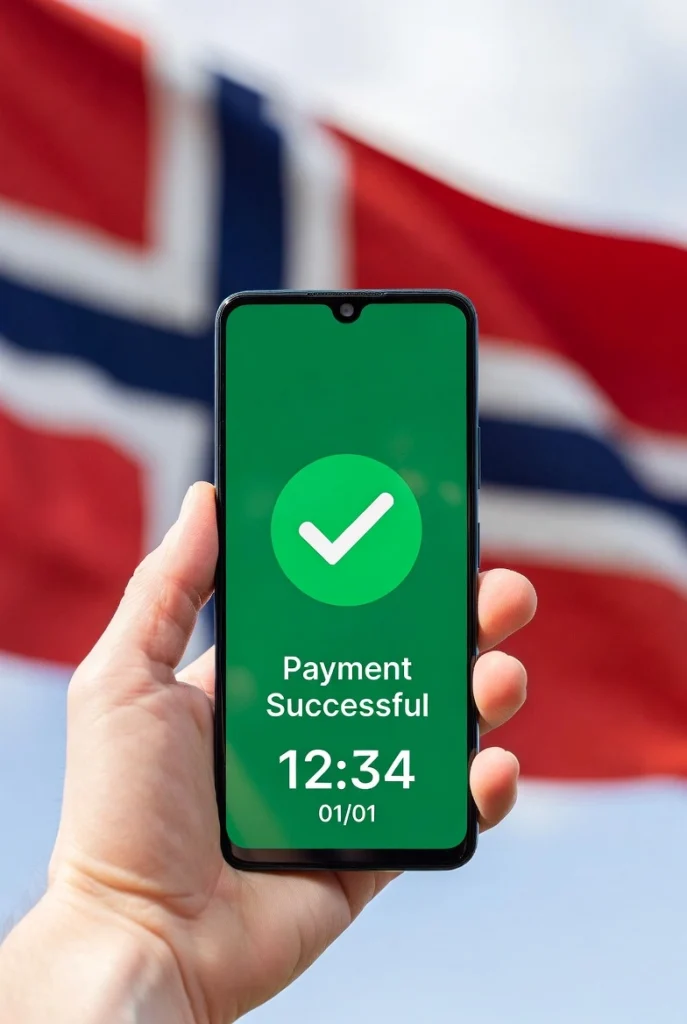 Vellykket betaling på mobil med norsk flagg i bakgrunnen