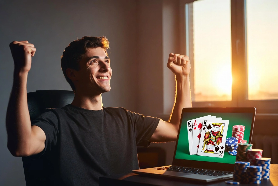 Glad spiller feirer stor pokergevinst