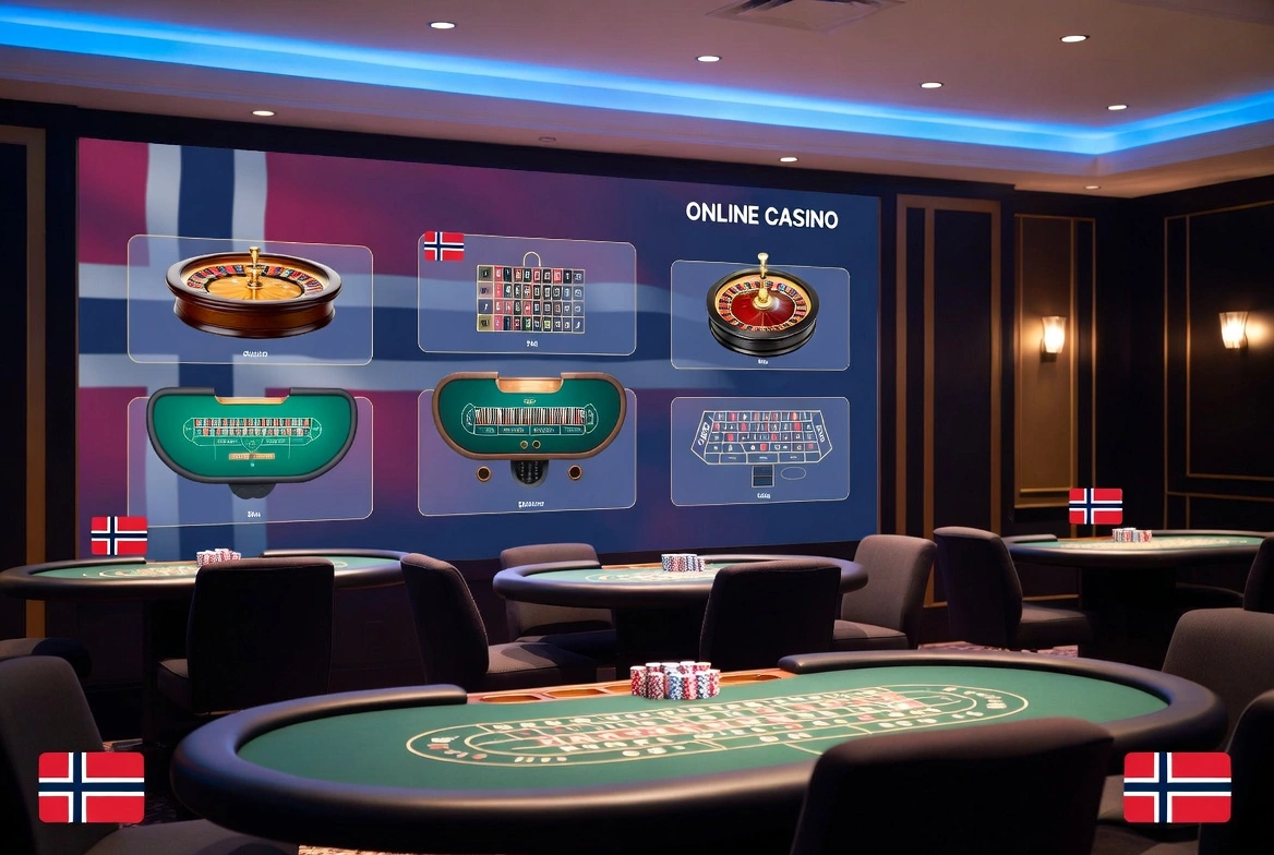 Moderne nettcasino-lobby med norske flagg og spillbord