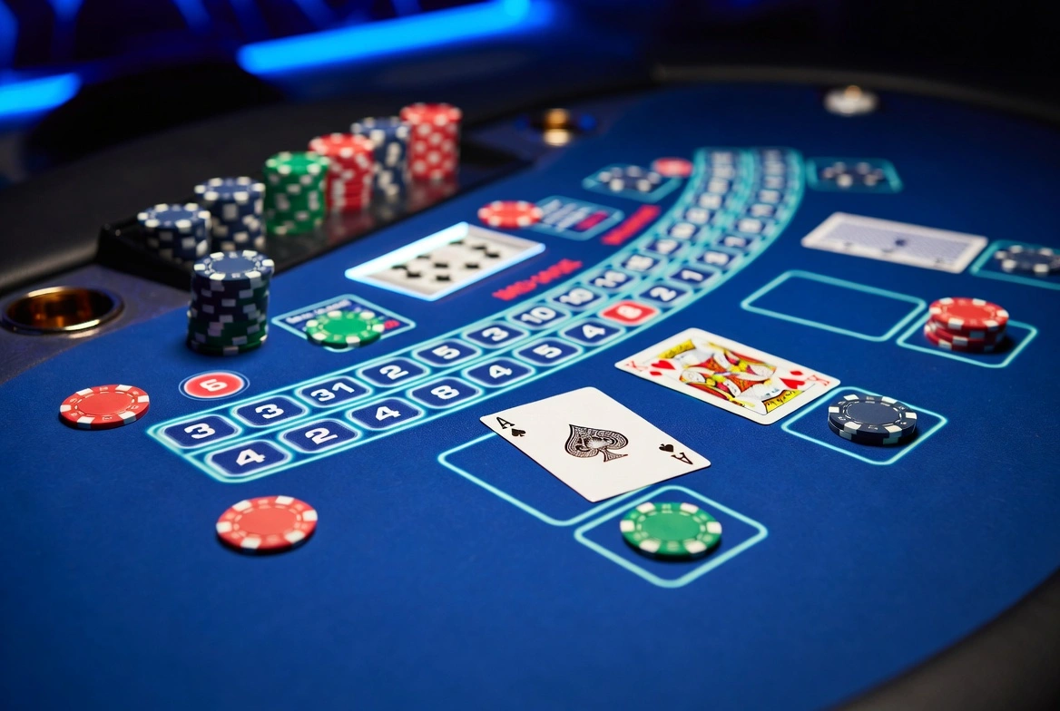 Online pokerbord med chips og spillkort